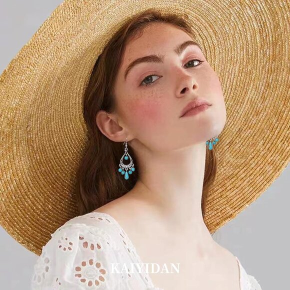 Teardrop Turquoise Tassels Vintage Long Summer Earring for Women Jewelry - Picture 8 of 8